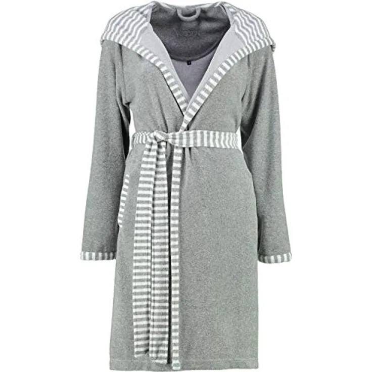 Vossen Damen Bademantel Juno, Kurzmantel mit Kapuze, grau melange, 80% Baumwolle, figurformend, modern-gestreifte Bordüre