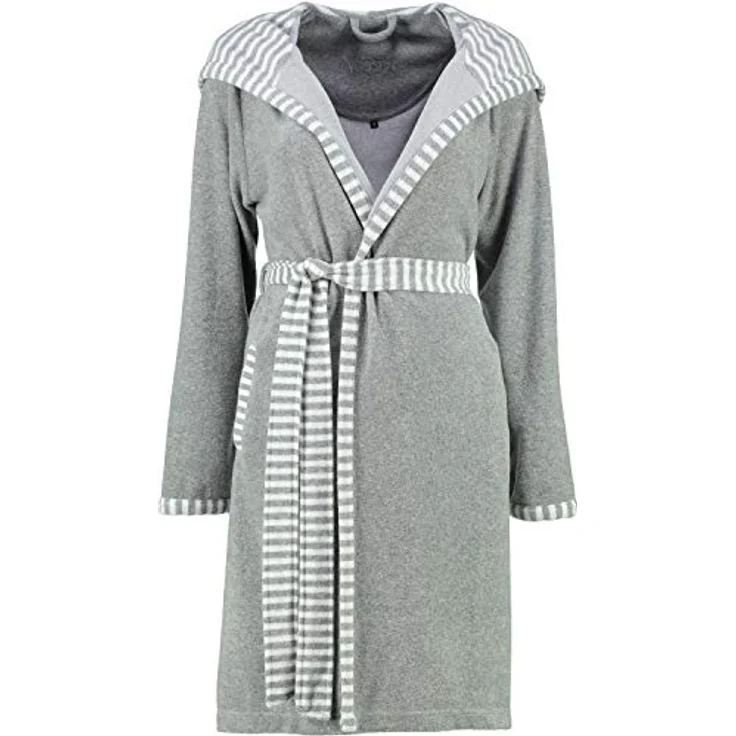 Vossen Damen Bademantel Juno, Kurzmantel mit Kapuze, grau melange, 80% Baumwolle, figurformend, modern-gestreifte Bordüre – Bild 1