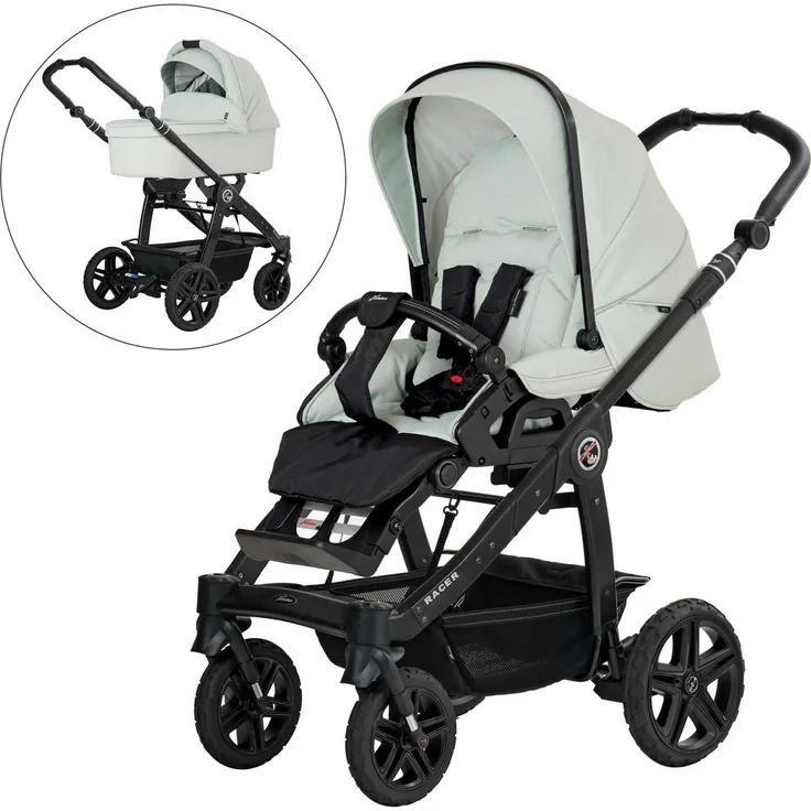 Hartan Kinderwagenset Racer GTS, Salbeigrün, 3-teilig mit ergonomischer Babywanne, umsetzbarem Sportsitz und kugelgelagerten Rädern, Made in Germany
