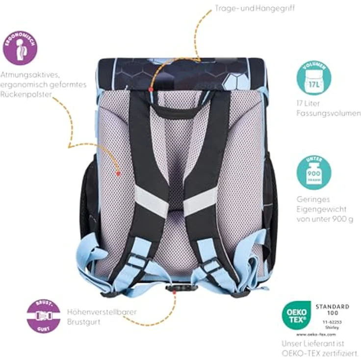 Herlitz Schulranzen Loop Plus, ergonomischer Schulranzen aus Polyester mit reflektierenden Materialien, 310x390x220mm, Cyber Soccer – Bild 7