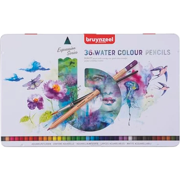 Bruynzeel Expression Aquarellstifte 36er-Set mit Pinsel im Metalletui | wasserlösliche Farben für Erwachsene, ideal für Bullet Journaling und Aquarelleffekte – Bild 1