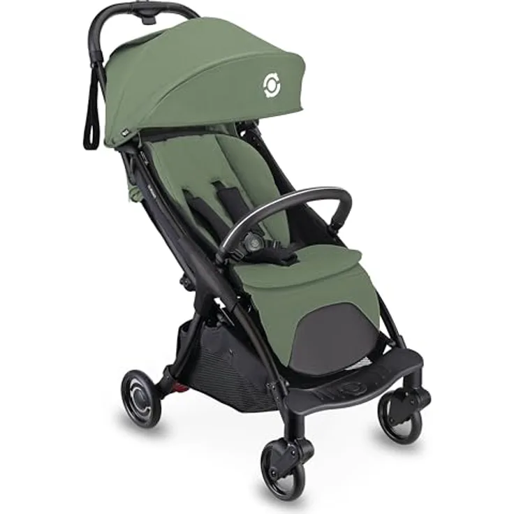 Globber Stroll Lite, Kinderwagen bis 22 kg, kompakter Reisebuggy mit verstellbarer Rückenlehne, Sonnenschutz und 1-Hand-Falt-Automatik, oliv grün