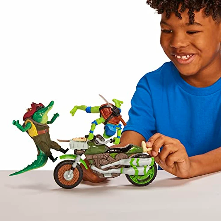 Boti Europe Trl Drive N Kick Cyc, Sammelfigur mit detailreicher Leonardo-Actionfigur und beweglichen Positionen, Motorrad mit Doppelauspuff und Pizza-Details – Bild 9
