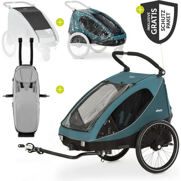 Hauck Dryk Duo, 2in1 Fahrradanhänger Buggy für 2 Kinder mit Baby Lounger, Ocean Green, inkl. Schutzpaket und großem Stauraum