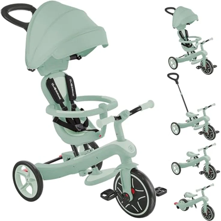 Globber Explorer Trike 4in1, Kinderwagen, Dreirad und Laufrad, höhenverstellbarer TPR-Sitz, 10/8,5 Zoll Reifen, Pistazie – Bild 1