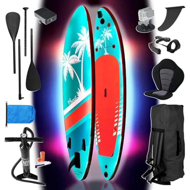 BRAST® SUP Board mit LEDs, Aufblasbares Stand up Paddling Set, 320x81x15cm, 10 Farben LED-Beleuchtung, 5 Jahre Garantie, 2in1 Paddel, Kajak-Sitz und Action-Cam-Halterung