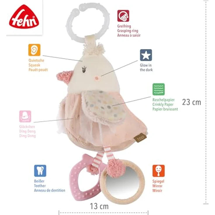 Fehn Greifspielzeug feehnLAND Activity-Vogel mit Quietsche, Glöckchen, Spiegel und Beißer, zur Befestigung an Kinderwagen, Babyschale oder Bett – Bild 5