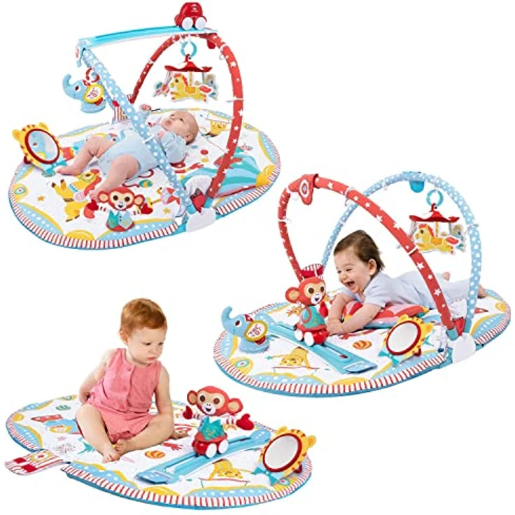 Yookidoo Zirkus Baby Spielmatte Gym, 3-in-1 Activity Center mit motorisiertem Musik-Mobile, Bauchlage-Kissen, Spiegel & strukturierten Tierfiguren für 0–12 Monate – Bild 1