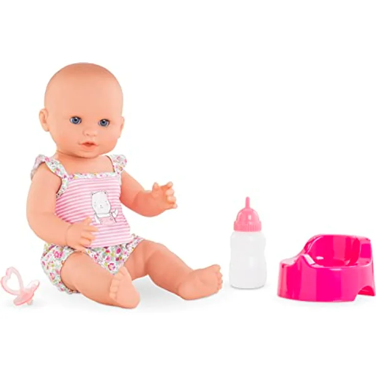 Corolle Emma Trink und Näss Badebaby, Vollvinylpuppe mit Schlafaugen, Trink und Nässfunktion, Schnuller, Flasche, Töpfchen, Vanilleduft, 36cm, ab 2 Jahren
