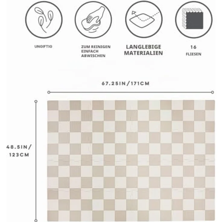 3 Sprouts Puzzlematte Baby, Schaumstoff, wasserabweisend, Schachbrett Beige, fördert sensorische Entwicklung und kreative Spielumgebung – Bild 2