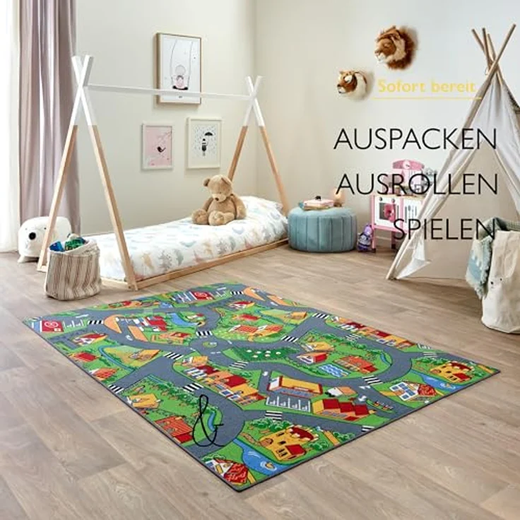Carpet Studio Kinderteppich Little Village, 95x133cm, rutschfest, waschbar bei 30°C, Spielteppich für Jungen & Mädchen – Bild 5