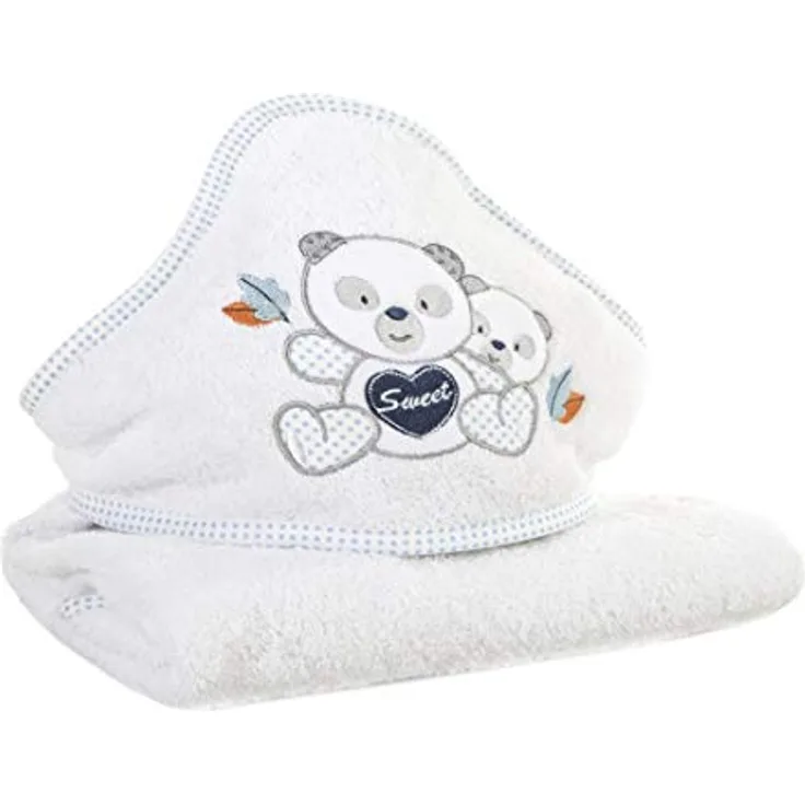 Eurofirany Baby Babyhandtuch Kapuze Weiß Blau Handtücher Kinderhandtuch Kindermotiv Teddybär Teddy Junge Badezimmer Weich Süß Kuschelig, 75x75 cm