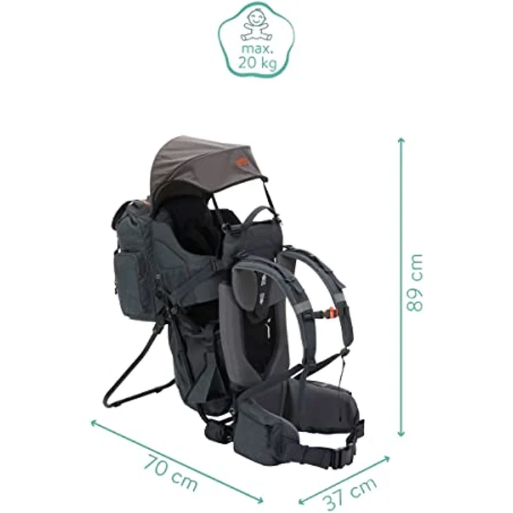 Fillikid Rückentrage Adventure, ergonomische Rückenbabytrage mit abnehmbarem Tagesrucksack, integrierter Sonnen- und Regenschutz, Farben: Frost Blue und Desert Beige – Bild 2