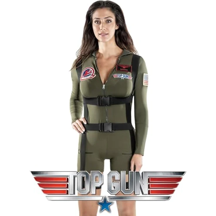 Maskworld Top Gun Romper Damen Kostüm, lizenziertes 80er Jahre Film-Outfit mit Reißverschluss und Aufnähern, Größe XL – Bild 5