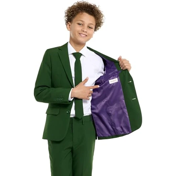 OppoSuits Teen Glorious Green Anzug, Slim-Fit Kostüm mit Ein-Knopf-Sakko und Krawatte, moosgrün, Größe 170 – Bild 6