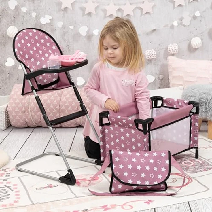 Bayer Design 61776AB Puppenmöbelset, Puppenhochstuhl mit Esstablett, Puppenbett, Tasche und Zubehör, Spielset für Rollenspiele ab 3 Jahren – Bild 4