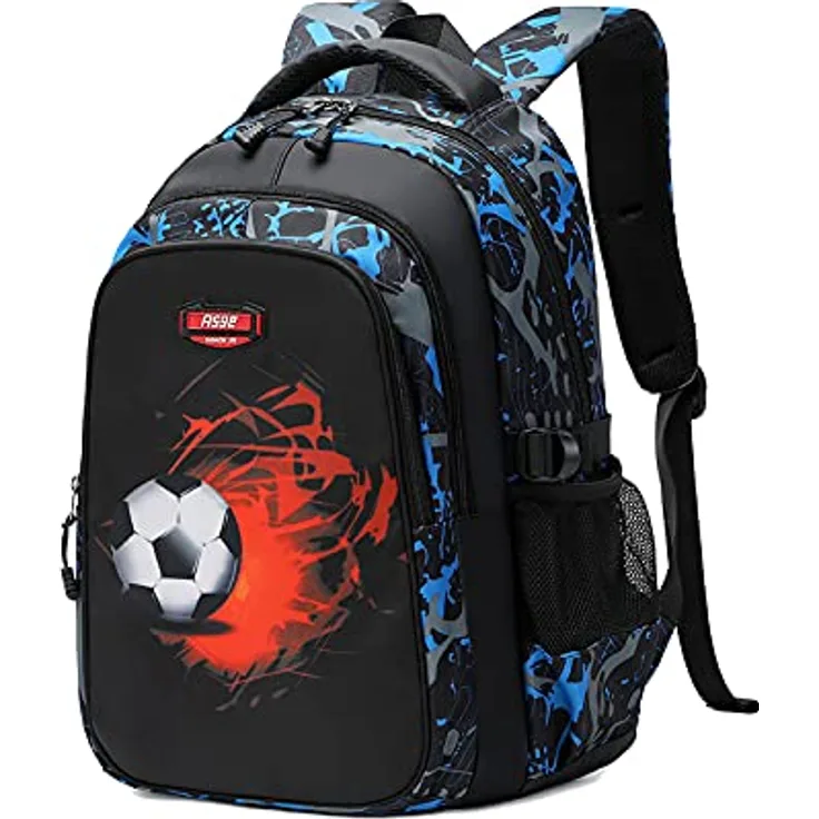 Asge Schulrucksack Jungen Mädchen, Ergonomischer Ranzen mit Fußball Druck, wasserdicht, 46cm x 30cm x 22cm, für 8-14 Jahre