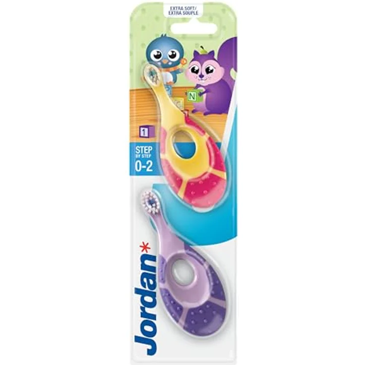 Jordan ® Step 1 Baby Zahnbürste, Original Kleinkindzahnbürste mit extra weichen Borsten, sanftem Beißring und Easy Grip, für Babys 0-2 Jahre, Rosa und Lila, 2-pack – Bild 1