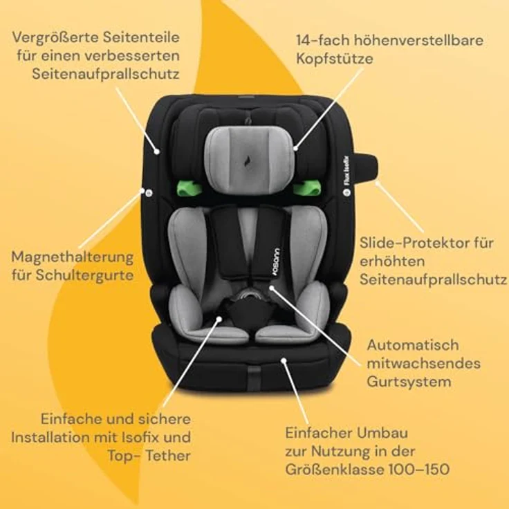 Osann Autokindersitz Flux Isofix i-Size, Sicherer Kinderautositz mit Protektoren und Magnethalterung, schwarz – Bild 2