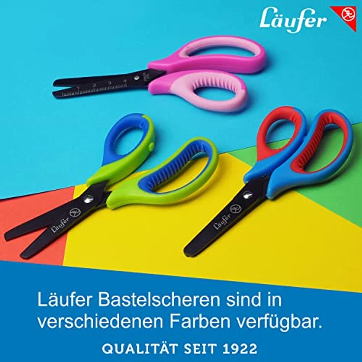 Läufer 87226 Ergonomische Bastelschere für Kinder, rot/blau, mit runder Spitze und Titanbeschichtung, 13 cm lange Schulschere für Rechtshänder – Bild 2