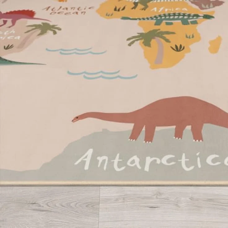 TT Home Kinderteppich, rutschfest, Weltkarte mit Tieren und Autos, Farbe: Grün Beige Braun, 100x200 cm – Bild 2