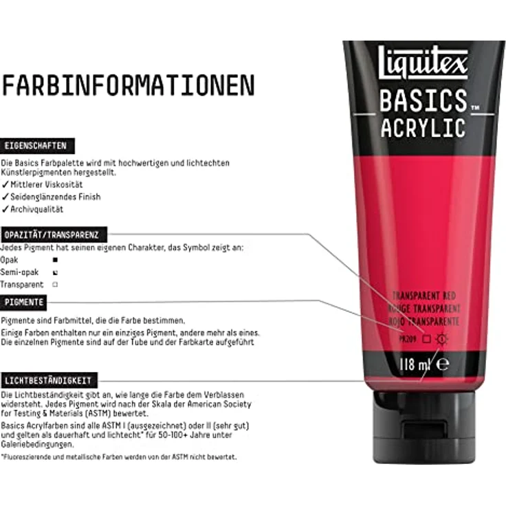 Liquitex Basics Acrylfarbe Transparentrot 118ml, lichtecht, mittlere Viskosität, seidenglänzend, monopigmentiert, Archivqualität – Bild 3