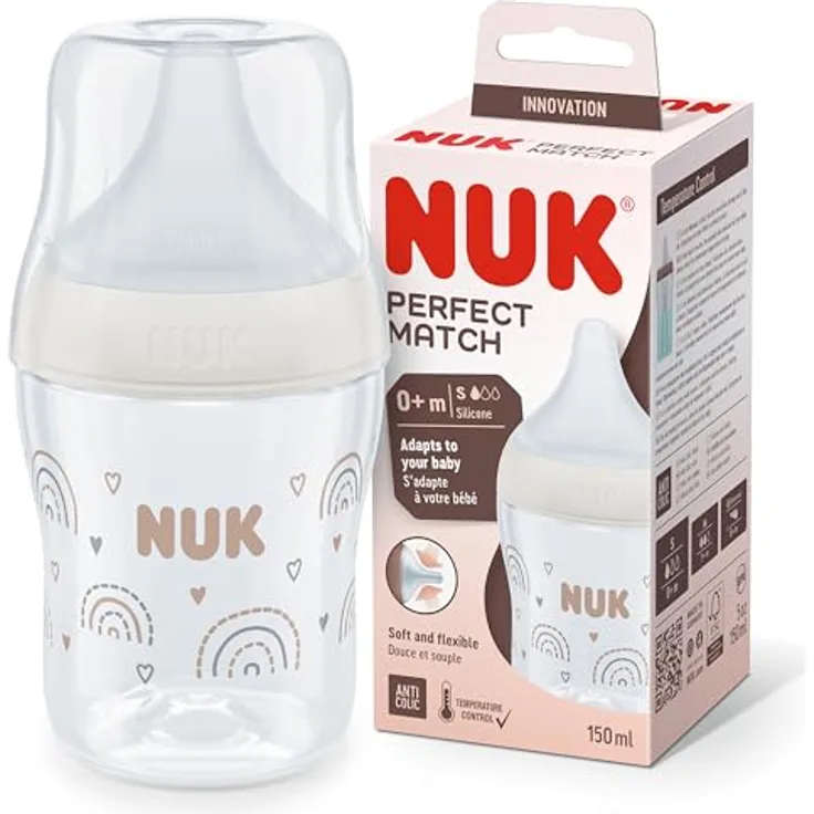 Nuk PP-Flasche Perfect Match 150 ml, Silikon-Sauger Gr. S, Temperaturkontrolle, Anti-Colic, Regenbogen - Weiß