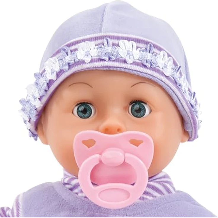 Bayer Babypuppe First Words Baby, 38 cm, lila, mit Schlafaugen und 24 Babygeräuschen, 3-tlg. Set mit Flasche und Schnuller – Bild 9