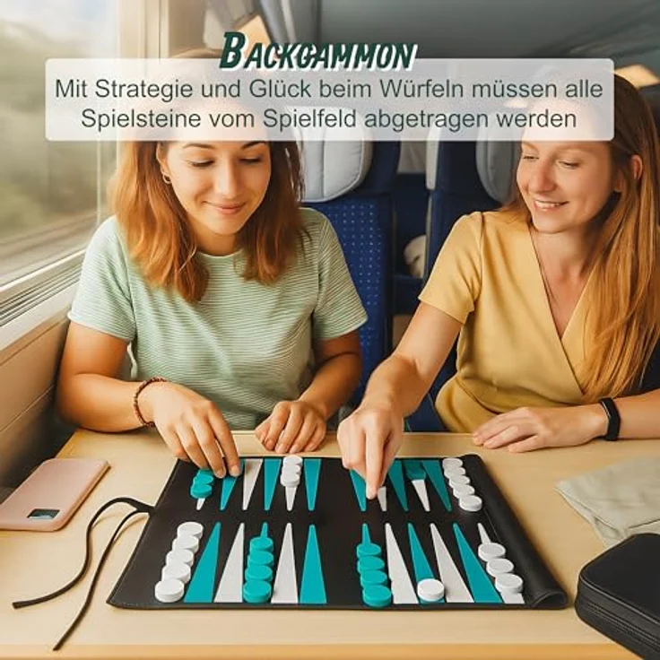 Relaxdays Backgammon zum Aufrollen, Reise-Brettspiel in schwarzer Lederoptik mit integrierter Tasche für Spielsteine und Würfel – Bild 3