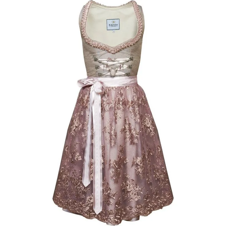 Edelnice Dirndl Ophelia, Designer Dirndl in hellblau-grau mit goldener Blumenverzierung und lila Spitzen Dirndlschürze