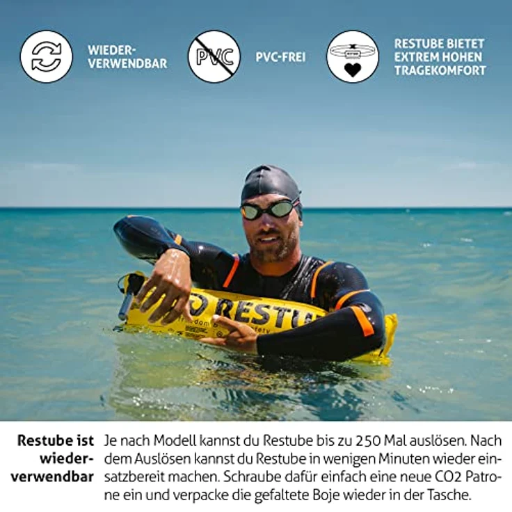 Restube Active Schwimmboje für Erwachsene und Kinder – Aufblasbare Rettungsboje in leuchtender Farbe mit Trillerpfeife – Bild 3