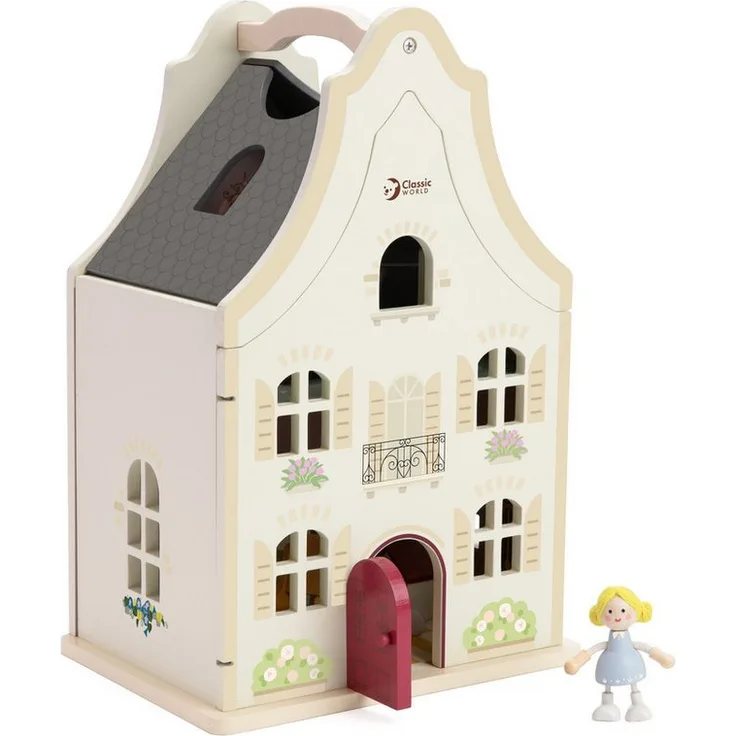 Classic World Puppenhaus Cozy, Holzspielhaus im französischen Stil, 23 Teile, 24x19x38,5 cm, für Kinder ab 3 Jahren