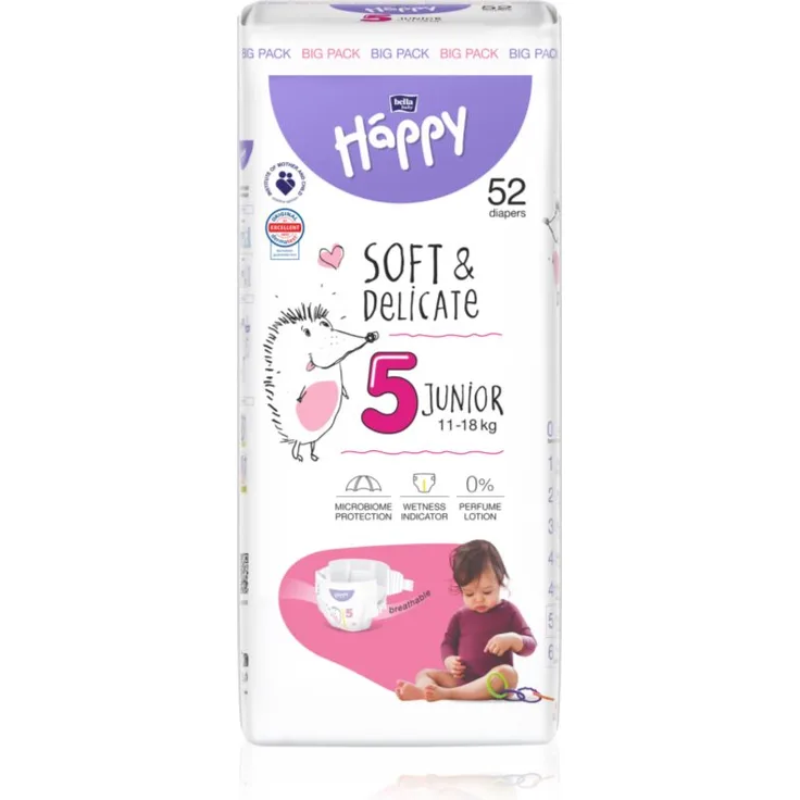 Bella Baby Happy Soft&Delicate Size 5 Junior, Einwegwindeln für Kinder, 11-18 kg, 52 St., atmungsaktiv, dermatologisch getestet, mit Feuchtigkeitsanzeige