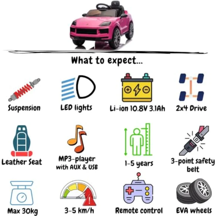 Vrooomy Porsche Cayenne Kinder Elektroauto 12V mit Fernbedienung, Rosa, für 1 bis 5 Jahre mit MP3-Player, LED-Scheinwerfern und Sicherheitsgurt – Bild 9