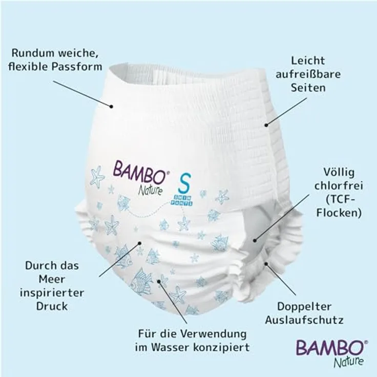 Bambo Nature Schwimmwindel Baby, Größe S (7-12 kg), 12 St. Einweg-Badehose mit Secure-Fit, auslaufsicherem Komfort und elastischem Bund