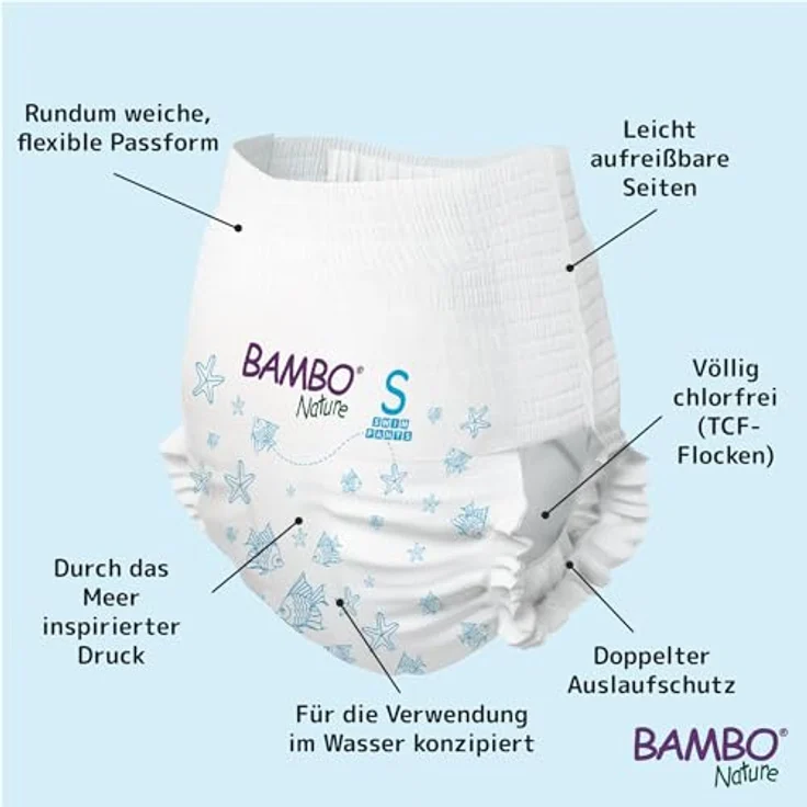 Bambo Nature Schwimmwindel Baby, Größe S (7-12 kg), 12 St. Einweg-Badehose mit Secure-Fit, auslaufsicherem Komfort und elastischem Bund – Bild 2