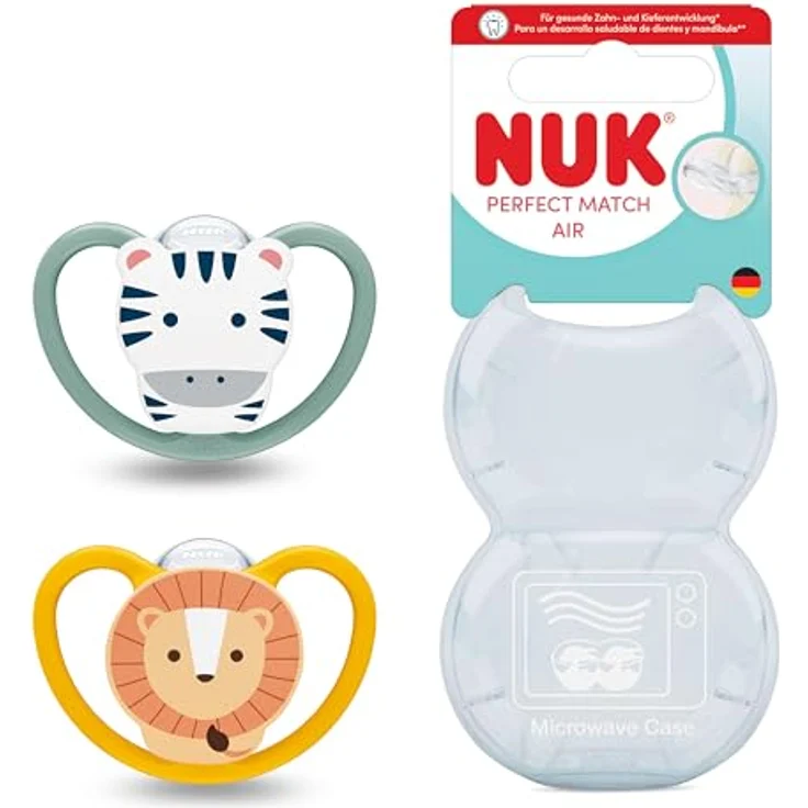 NUK Perfect Match Air Baby Schnuller, 18-36 Monate, orthophonisch, luftzirkulationsfördernd, 95% Baby-Akzeptanz, Zebra/Löwe, 2 Stück – Bild 1
