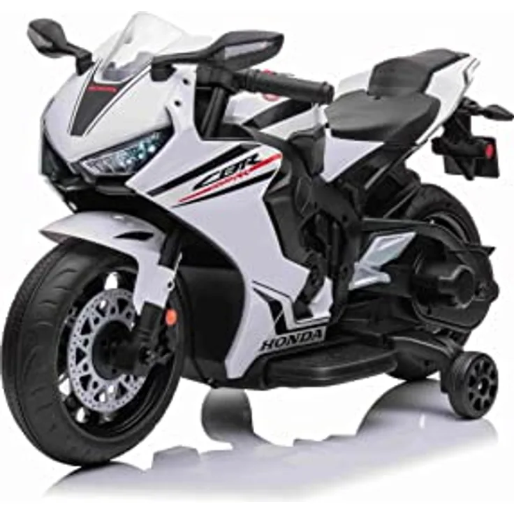 Beneo Kinder-Elektromotorrad HONDA CBR 1000RR, lizenziert, 12V-Batterie, Kunstledersitz, Kunststoffräder, 30W-Motor, LED-Beleuchtung, solider Rahmen, Hilfsräder, weiß