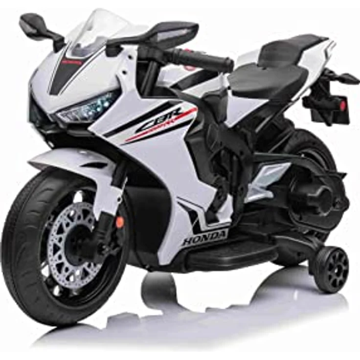 Beneo Kinder-Elektromotorrad HONDA CBR 1000RR, lizenziert, 12V-Batterie, Kunstledersitz, Kunststoffräder, 30W-Motor, LED-Beleuchtung, solider Rahmen, Hilfsräder, weiß – Bild 1