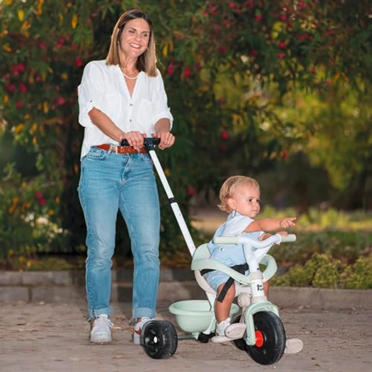 Smoby Be Fun Komfort, Mitwachsendes Dreirad für Kinder ab 10 Monaten, Grün, Schubstange mit Einkaufsbeutel – Bild 4