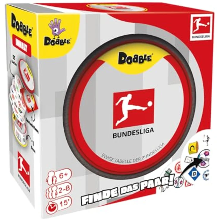 Asmodee ZYGD0034 Dobble Bundesliga, kartenbasiertes Reaktionsspiel mit 55 Club-Logos und 5 Spielvarianten für Fußballfans – Bild 1