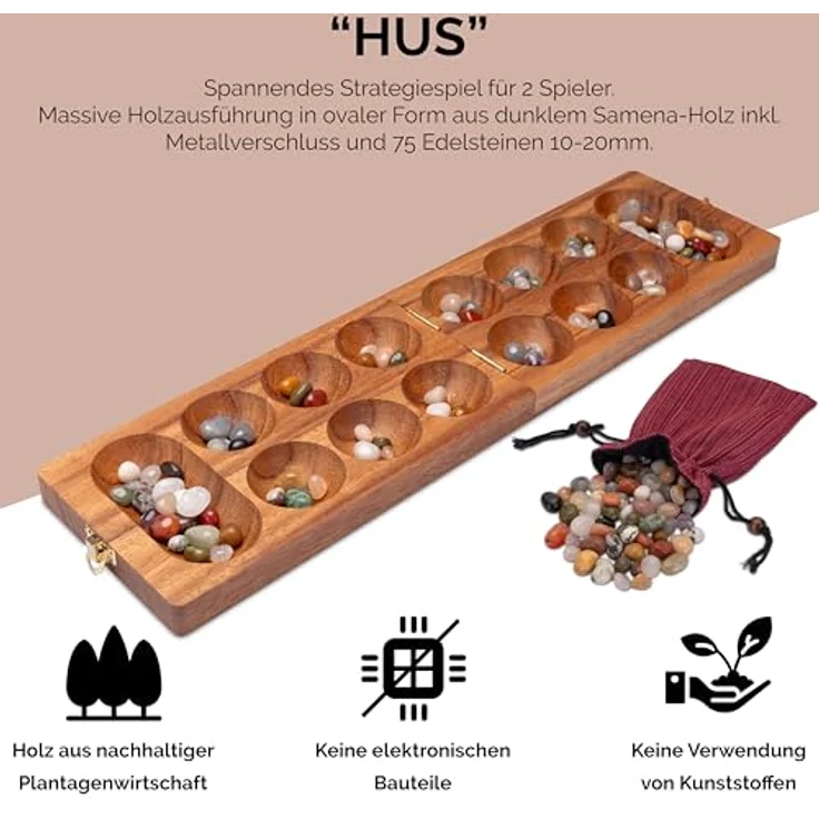 Logoplay Kalaha Spiel mit Metallverschluss Gold, kompakter 2-Spieler-Brettspiel mit 75 Edelsteinen, Spielfeld 14 x 49 cm aus Samena-Holz – Bild 5