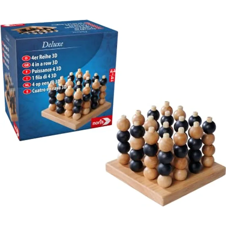 Noris 606102033 - Deluxe 4er Reihe 3D aus Holz - Spiele-Klassiker in hochwertiger Holz-Ausführung mit 64 Kugeln, für Kinder ab 6 Jahre und Erwachsene, Strategie-Spiel für 2 Spieler