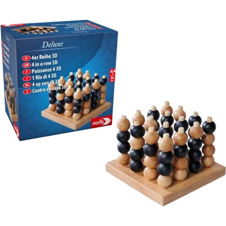 Noris 606102033 - Deluxe 4er Reihe 3D aus Holz - Spiele-Klassiker in hochwertiger Holz-Ausführung mit 64 Kugeln, für Kinder ab 6 Jahre und Erwachsene, Strategie-Spiel für 2 Spieler – Bild 1