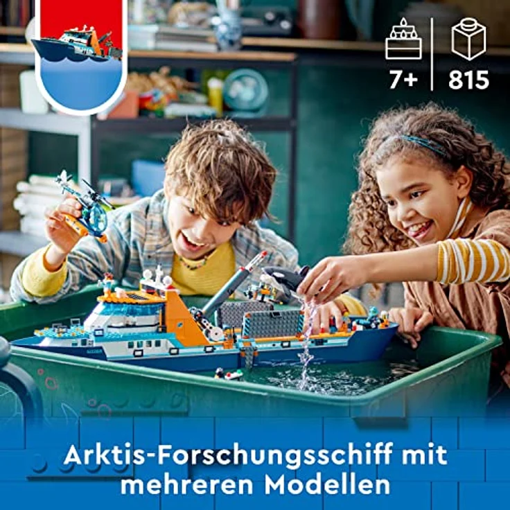 LEGO 60368 City Arktis-Forschungsschiff, großes schwimmfähiges Spielzeug-Boot mit Hubschrauber, Beiboot, ROV-U-Boot, Wikingerschiffswrack, 7 Minifiguren & Orca-Figur, Geschenk für Kinder ab 7 Jahren – Bild 2