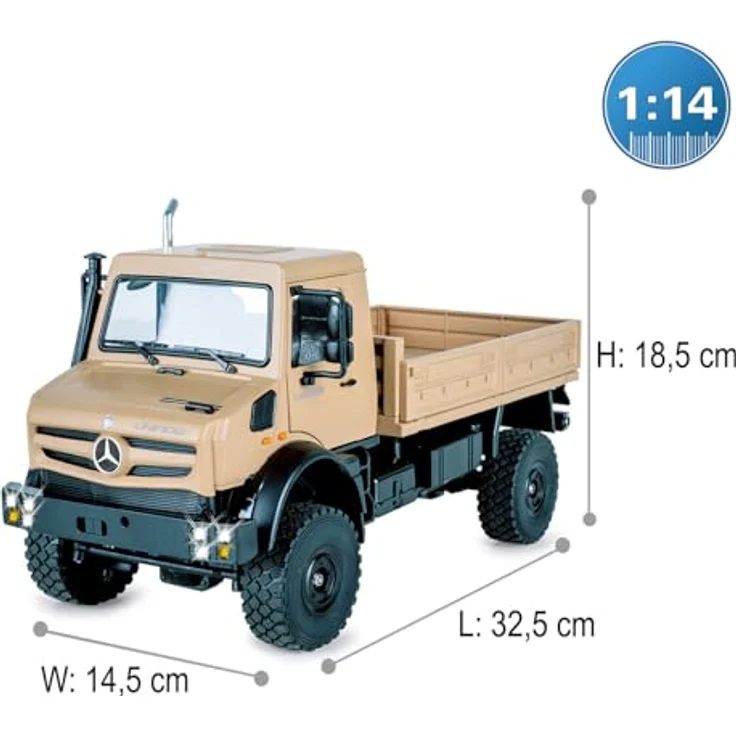 Jamara Kids Mercedes-Benz Unimog U5023, Ferngesteuertes Modellfahrzeug im Maßstab 1:14, beige, mit 2,4 GHz Steuerung und robustem Li-Ion-Akku (900 mAh) – Bild 3