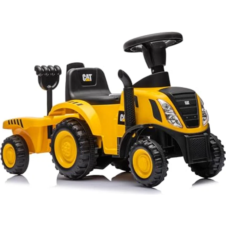 Lemodo Rutschauto Traktor CAT gelb, Kindertraktor mit Anhänger, Schaufel & Rechen, Licht & Sound, für Kinder von 1–3 Jahren – Bild 1