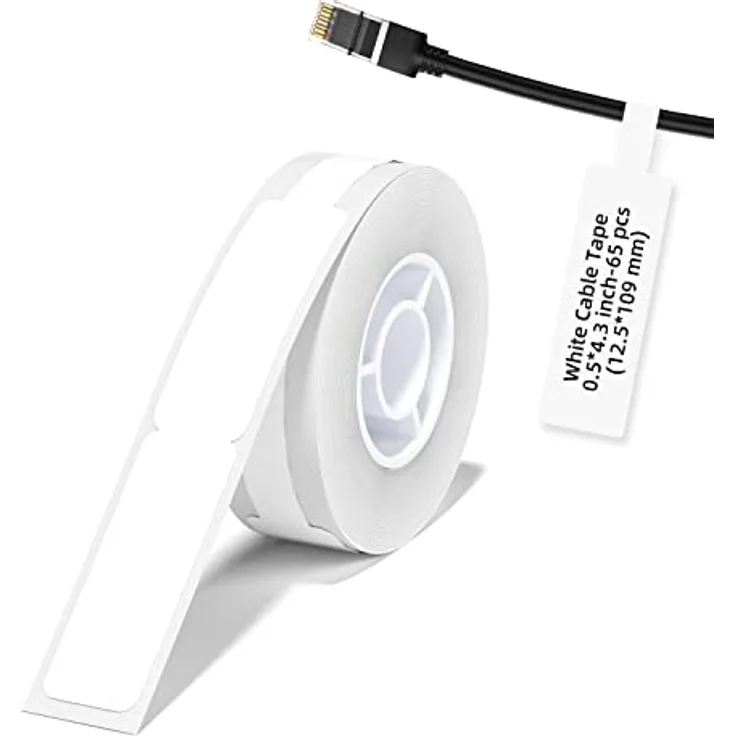NIIMBOT Kabel Etikett (0,49" x 4,29") Drucker-Aufkleber Papier mit Selbstklebend für D11 Label Maker, 1 Rolle à 65 Stück (Weiß)