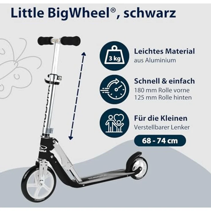HUDORA Little BigWheel Scooter - Stabiler Aluminium-Roller für Kinder ab 3 Jahren - Höhenverstellbar & zusammenklappbar - Geeignet für bis zu 100kg - Cityroller mit großen Reifen – Bild 3