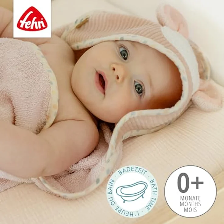 Fehn Kapuzenbadetuch Maus – Bade-Poncho aus Frottee mit Kapuze und Maus Motiv 80x80cm - saugstark & kuschelweich - in zartem Rose – Bild 3